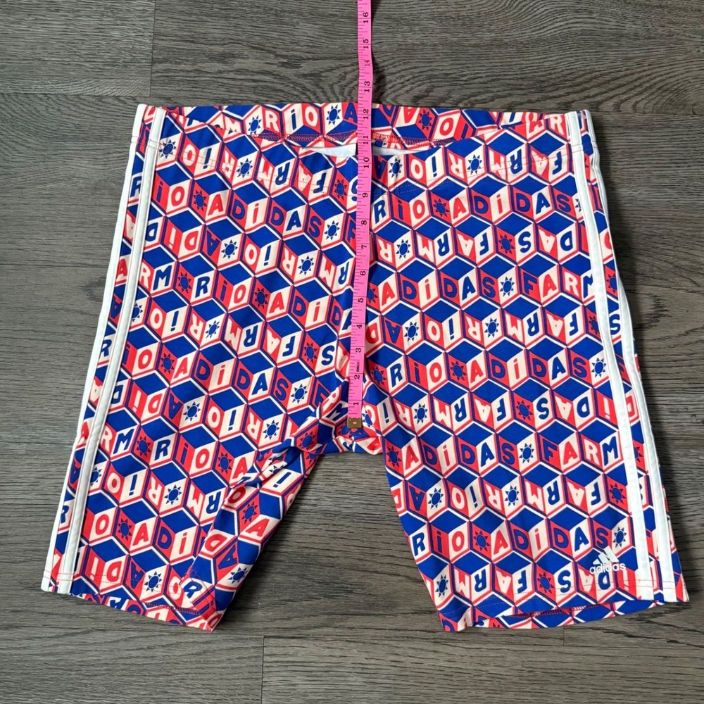 adidas x FARM Rio Cotton Bike Activewear Shorts Women XL Red Blue Logo Print NWT - Picture 9 of 13